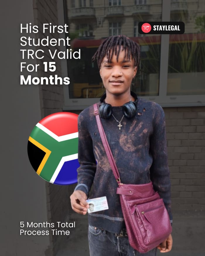 Client from South Africa with their first Student residence card, valid 15 months